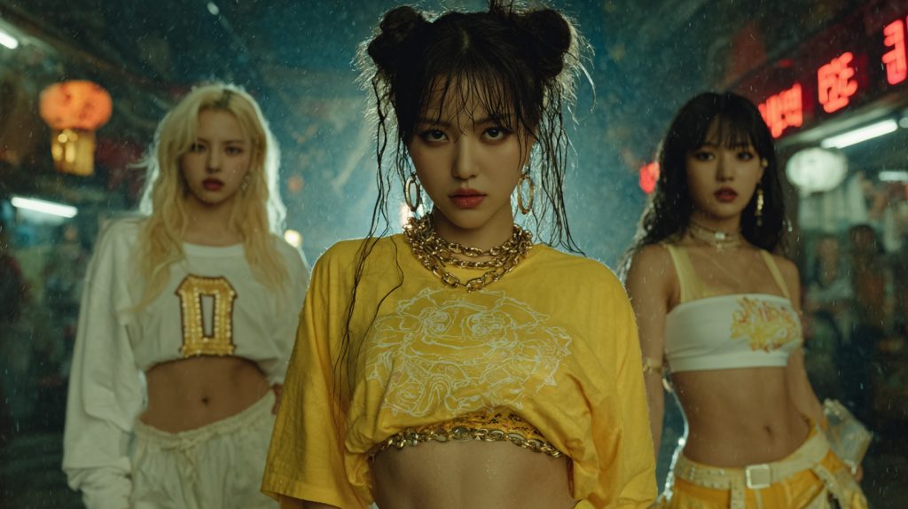 Three K-pop performers in stylish yellow and white outfits posing confidently on a wet neon-lit street after rain.