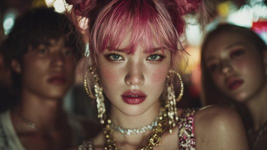 A striking AI-generated portrait capturing the bold confidence of a K-pop idol surrounded by soft neon glow and gold-toned fashion accents. A close-up portrait of a K-pop-inspired performer with pink hair, gold jewelry, and confident expression, standing in front of two blurred figures in neon light.