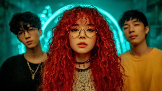 A stylish K-pop band posing under glowing teal neon lights — a fusion of futuristic mood and creative fashion. A young woman with curly red hair and glasses stands in front of two band members, illuminated by neon teal light in a modern city setting.