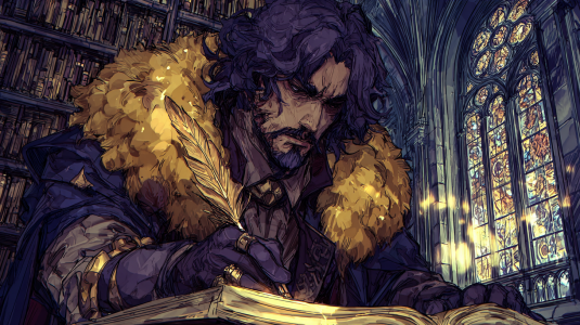 A fantasy writer crafting ideas in a glowing medieval library — a poetic symbol of AI writing and human imagination working together. Fantasy writer in a medieval library creating a book with a glowing magic feather, symbolizing AI writing and human creativity.