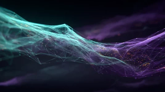 Exploring the invisible flows of information through generative digital art. Abstract generative art showing glowing cyan and purple neural network fibers in an AI Art Gallery.